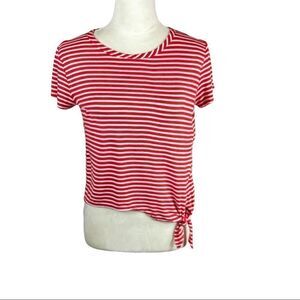 Olivia Rae Red and White Striped Short Sleeve Shirt With Side Tie, Size M